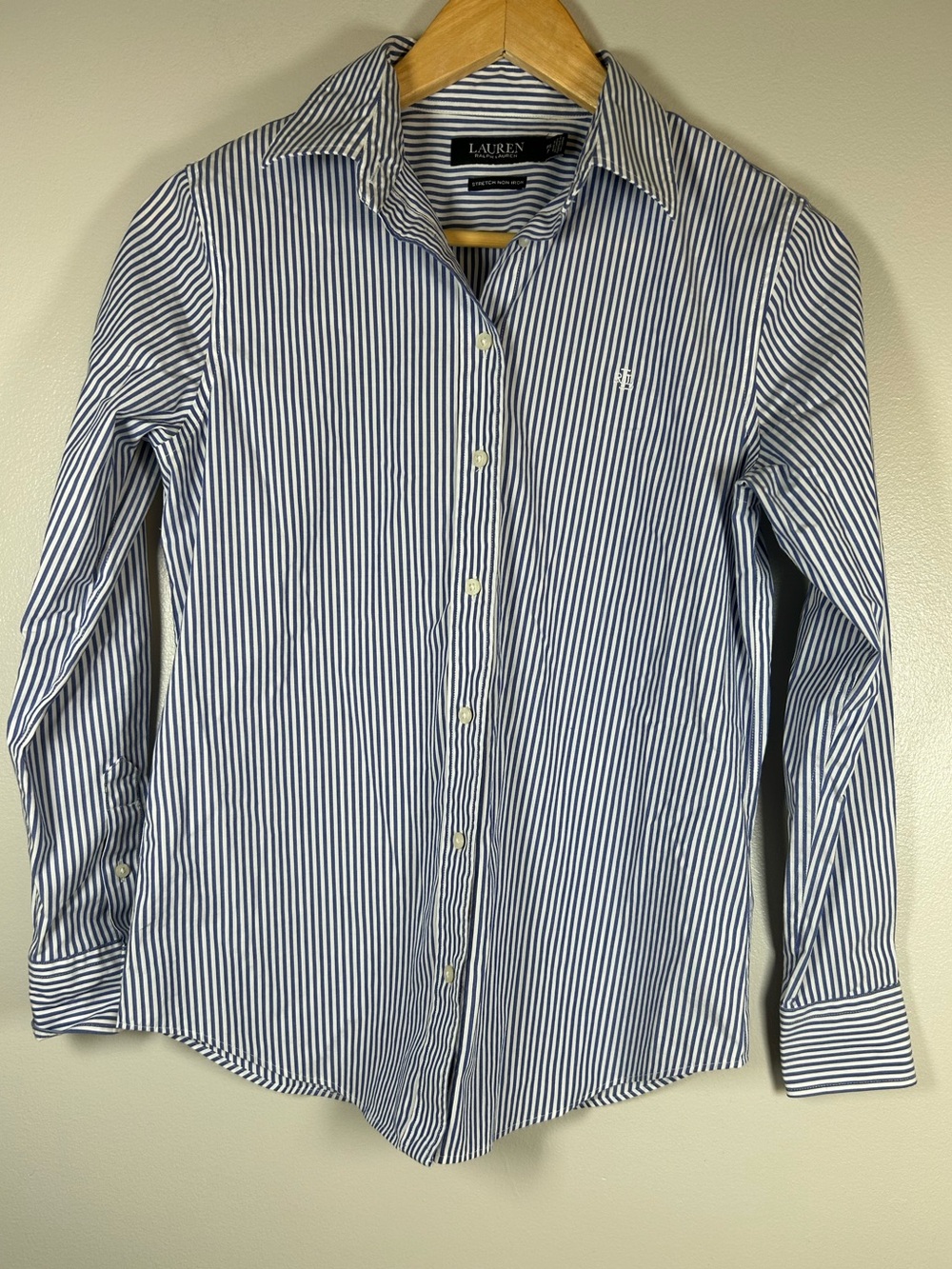 Lauren Ralph Lauren Non-Iron Blue White Striped Stretch Button Down Cotton Shirt - Picture 4 of 13